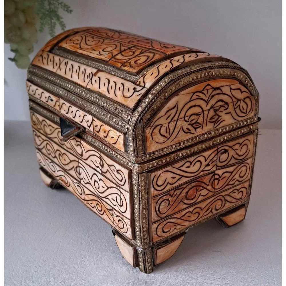 Antique Moroccan Camel Bone with Brass & Copper Inlay Dowry Chest